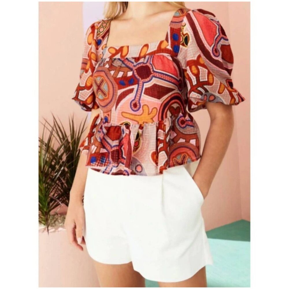 Marie Oliver Kaylee Top in Coral Navy Peach Rust Stipple Geometric